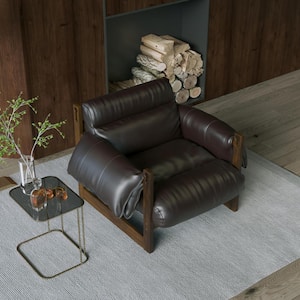 Dark Brown Oil Wax Leather Accent Chair with Pillow-Like Armrests and Backrest, Adjustable Angle Cushion
