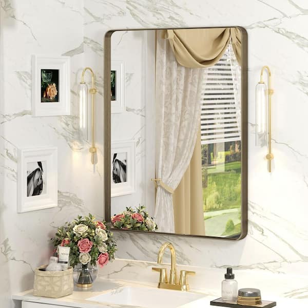 Apmir 24 in. W x 32 in. H Rectangular Aluminum Alloy Framed and Tempered Glass Wall Bathroom Vanity Mirror in Brushed Bronze