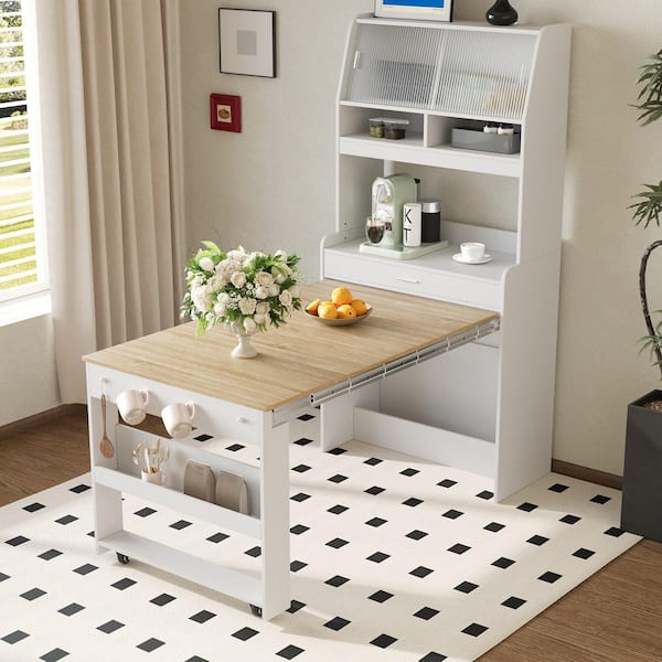 White and Natural Wood Folding Double Pedestal Dining Table Seats 6 with Storage Cupboard, Shelves, Side Hooks