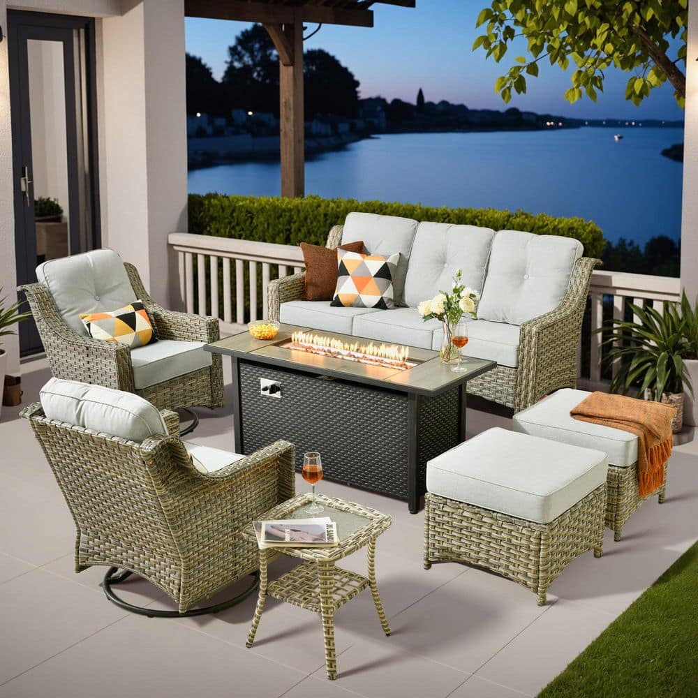 Cherry 7-Piece Wicker Outdoor Furniture Patio Fire Pit Conversation Sofa Set with Swivel Chairs and Light Grey Cushions price history on PriceWatchPro