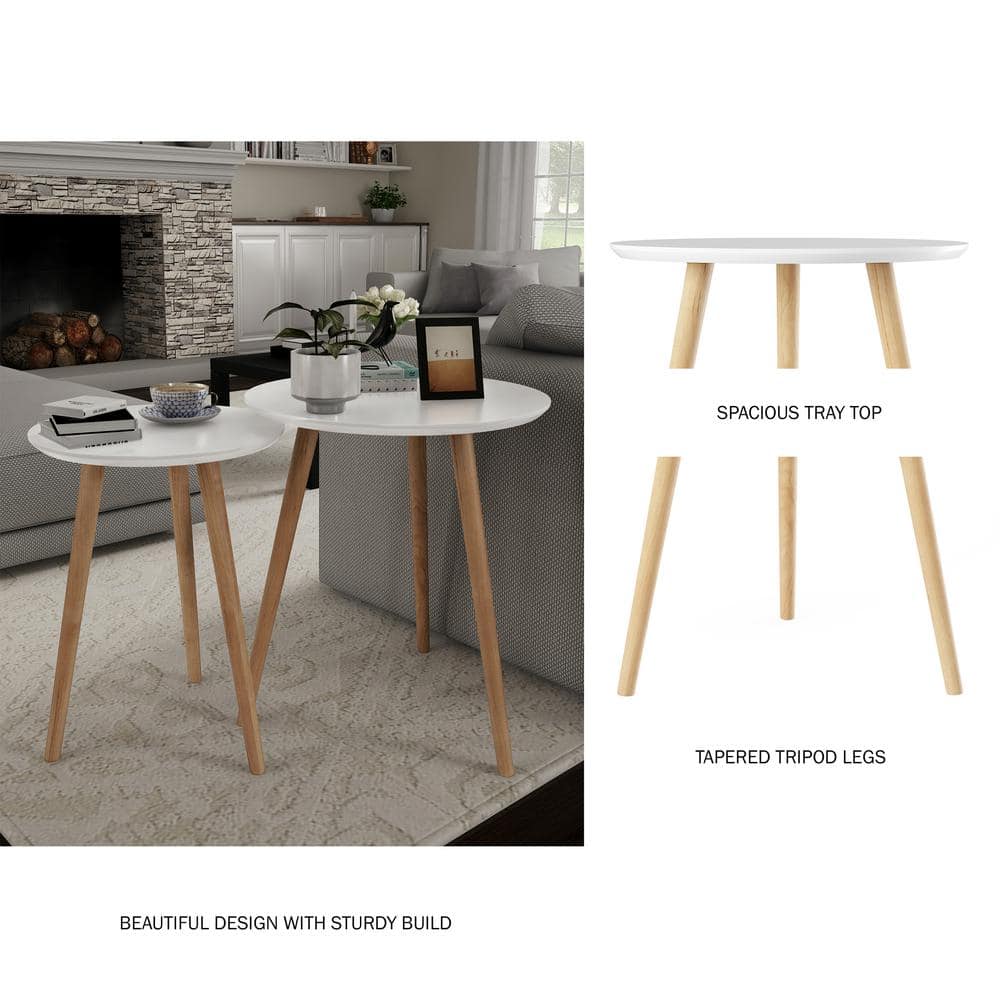 White and Natural Wood Mid-Century Modern Nesting End Tables Set