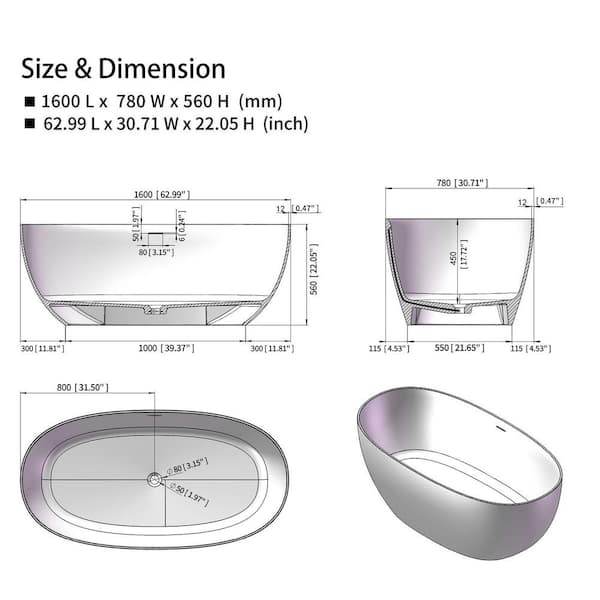 Moray 63 in. x 30 in. Solid Surface Stone Resin Flat Bottom Freestanding Double Slipper Soaking Bathtub in Matte White