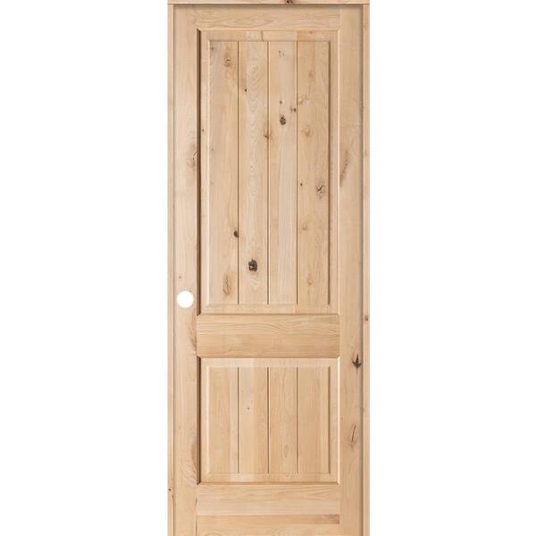 Krosswood Doors 42 in. x 96 in. Knotty Alder 2 Panel Square Top V-Groove Solid Wood Right-Hand Single Prehung Interior Door