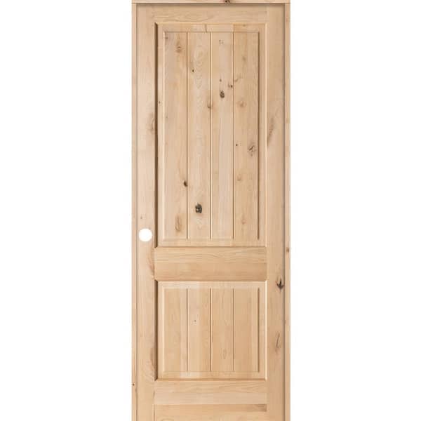 Krosswood Doors 36 in. x 96 in. Knotty Alder 2 Panel Square Top V-Groove Solid Wood Right-Hand Single Prehung Interior Door