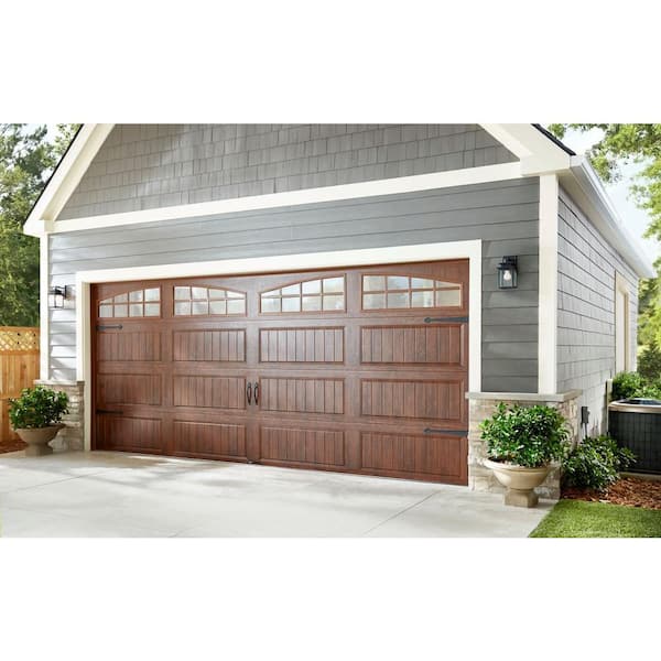 Gallery Steel Long Panel 16 ft x 7 ft Insulated 18.4 R-Value Wood Look Walnut Garage Door with Arch Windows