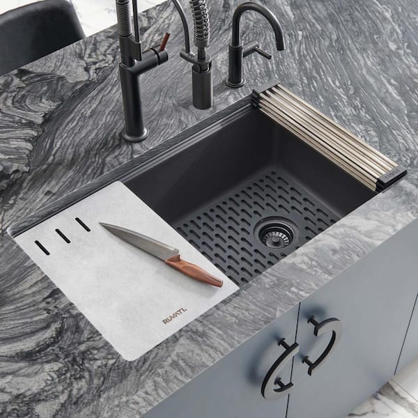 epiStage 33 in. Undermount SIngle Bowl Workstation Kitchen Sink in Matte Black Granite Composite with Offset Drain