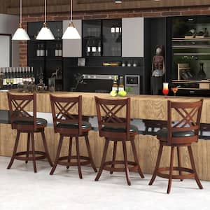 24 in. Brown High Back Wood Swivel Bar Stool Counter Stool with Faux Leather Seat (Set of 2)