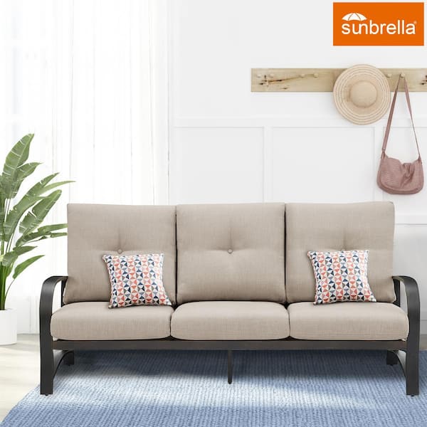 ULAX FURNITURE 3-Seat Aluminum Outdoor Loveseat Sofa Chair with Beige Sunbrella Cushions