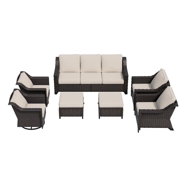 7-Piece Wicker Outdoor Patio Conversation Furniture Sofa Set Swivel Rocker Chairs with Beige Cushions