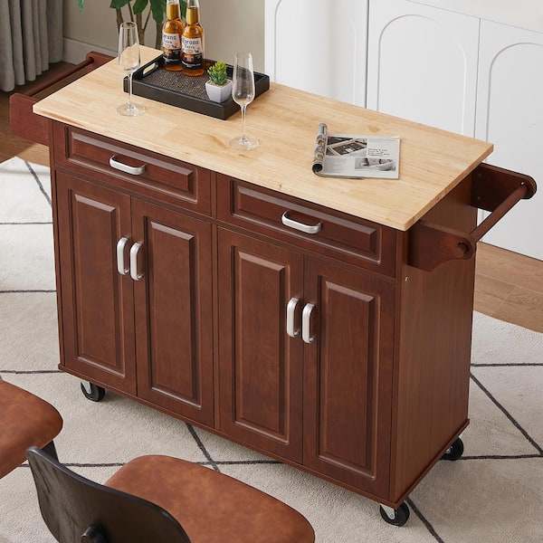 Staykiwi Brown Wood Kitchen Cart with Multiple Drawers and Shelves