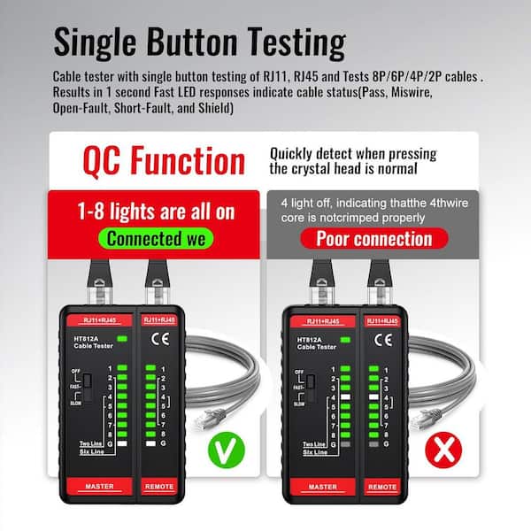 VCELINK Network Cable Tester – RJ45 CAT6A/6/5E/5 & RJ11 Phone Cable Tester, LED Indicator, 656ft Range, ABS Case