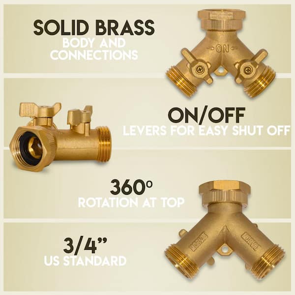 Faucet C2Y1 2 Way Y Valve Heavy-Duty Brass Garden Hose Connector Splitter A 