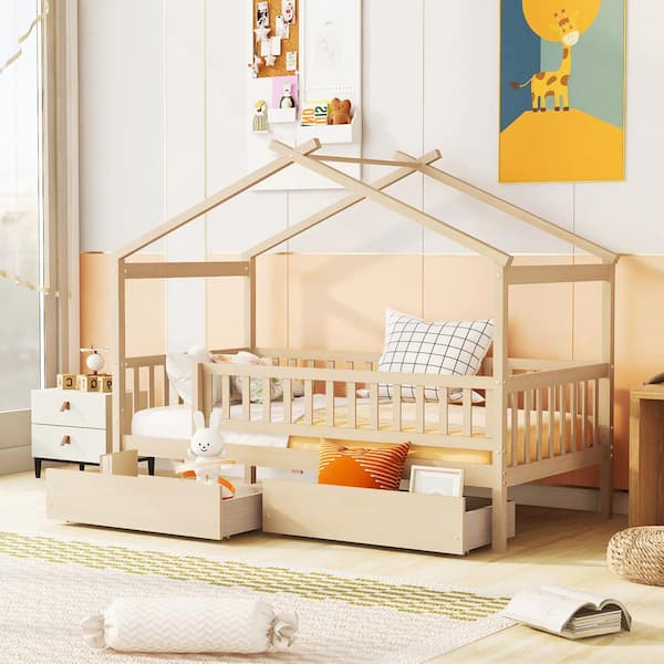 Harper & Bright Designs Natural Twin Size Wood House Bed with 2 Drawers and Fence Guardrails