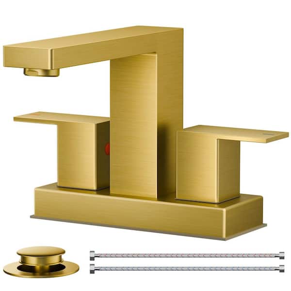Waterfall 4 in. Centerset Double Handle Low Arc Bathroom Faucet with Drain in Brushed Gold