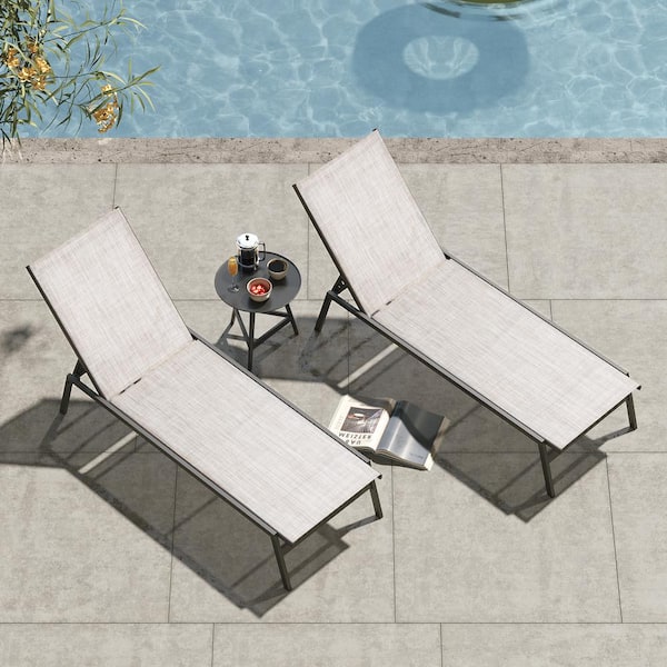 2-Piece Outdoor Metal Stackable Reclining Adjustable Chaise Lounge Chair in Beige