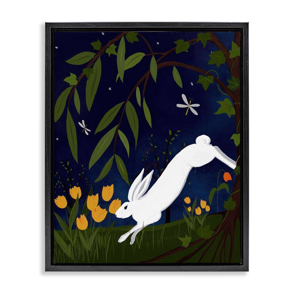 Hare in Night Forest by Michelle Ingari Designs Black Floater Frame Animal Graphic Art Print 31 in. x 25 in.