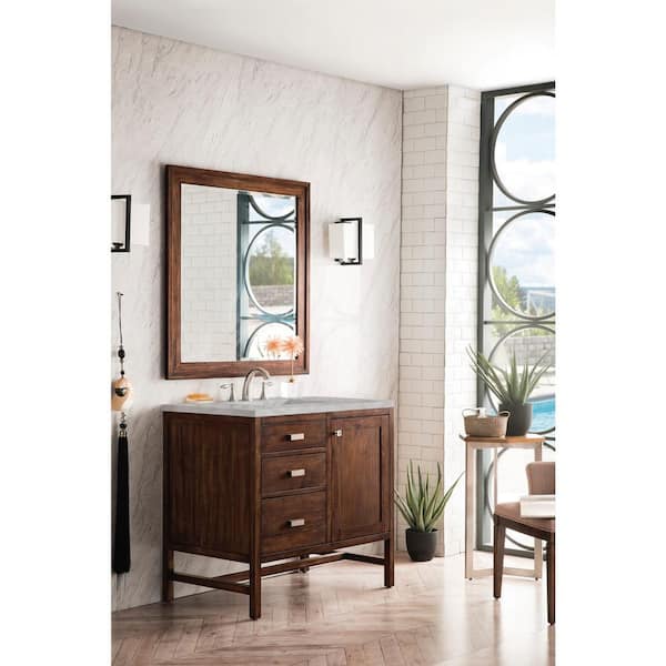 James Martin Vanities Addison 36.0 in. W x 23.5 in. D x 35.5 in. H Single Vanity Mid-Century Acacia and Victorian Silver Quartz Top
