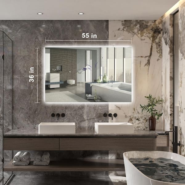 HOMLUX 55 in. W x 36 in. H Rectangular Frameless LED Light with 3 Color and Anti-Fog Wall Mounted Bathroom Vanity Mirror, Silver