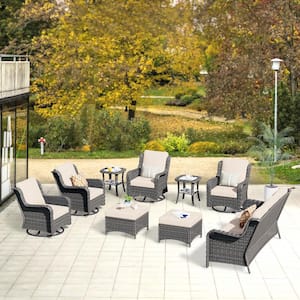 Janus Gray 9-Piece Wicker Patio Conversation Seating Set with Beige Cushions and Swivel Chairs