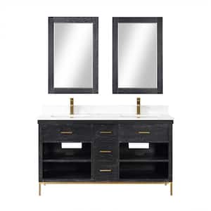 Kesia 60 in. W x 22 in. D x 34 in. H Double Sink Bath Vanity in Black Oak with White Composite Stone Top and Mirror