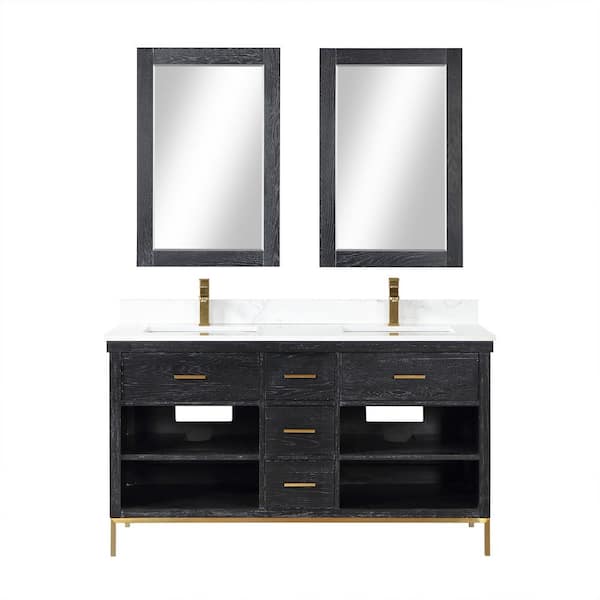 Altair Kesia 60 in. W x 22 in. D x 34 in. H Double Sink Bath Vanity in Black Oak with White Composite Stone Top and Mirror