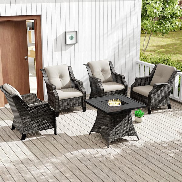 JOYSIDE 5-Piece Wicker Outdoor Fire Pit Patio Chair Set with Beige Cushions and Rectangular Fire Pit Table
