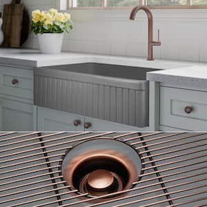 Luxury Matte Gray Solid Fireclay 33 in. Single Bowl Farmhouse Apron Kitchen Sink with Antique Copper Accs