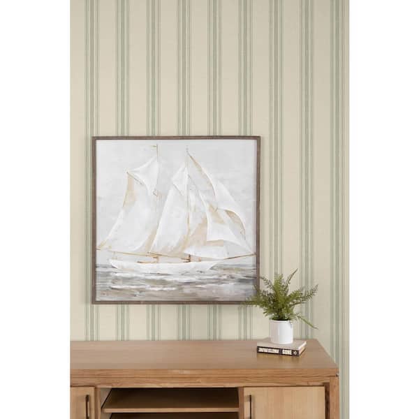 30.75 sq. ft. Green Woven Ticking Stripe Vinyl Peel and Stick Wallpaper Roll