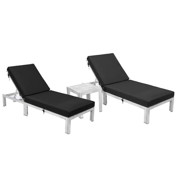 Leisuremod Chelsea Modern Weathered Grey Aluminum Outdoor Patio Chaise Lounge Chair with Side Table and Black Cushions Set of 2
