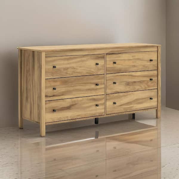 Benjara Maci Natural Brown 6-Drawer 60.75 in. Wide Dresser Without Mirror