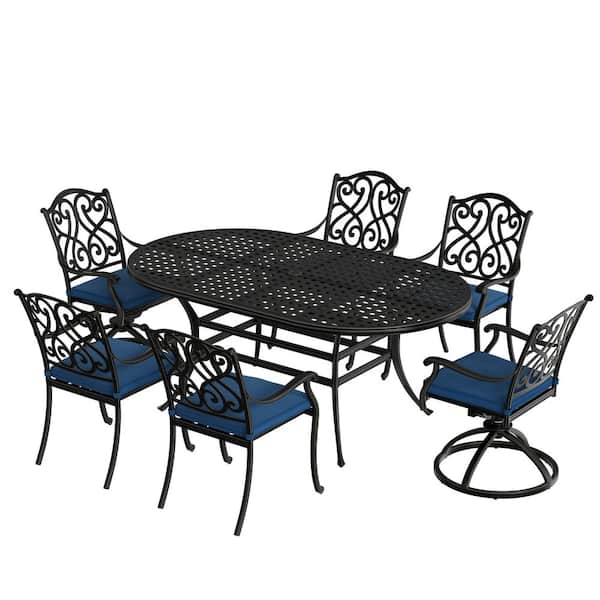 Mondawe 7-Piece Black Cast Aluminum Outdoor Dining Set with 1 Elliptical Table, 4 Dining Chairs, 2 Swivel Rockers Blue Cushion