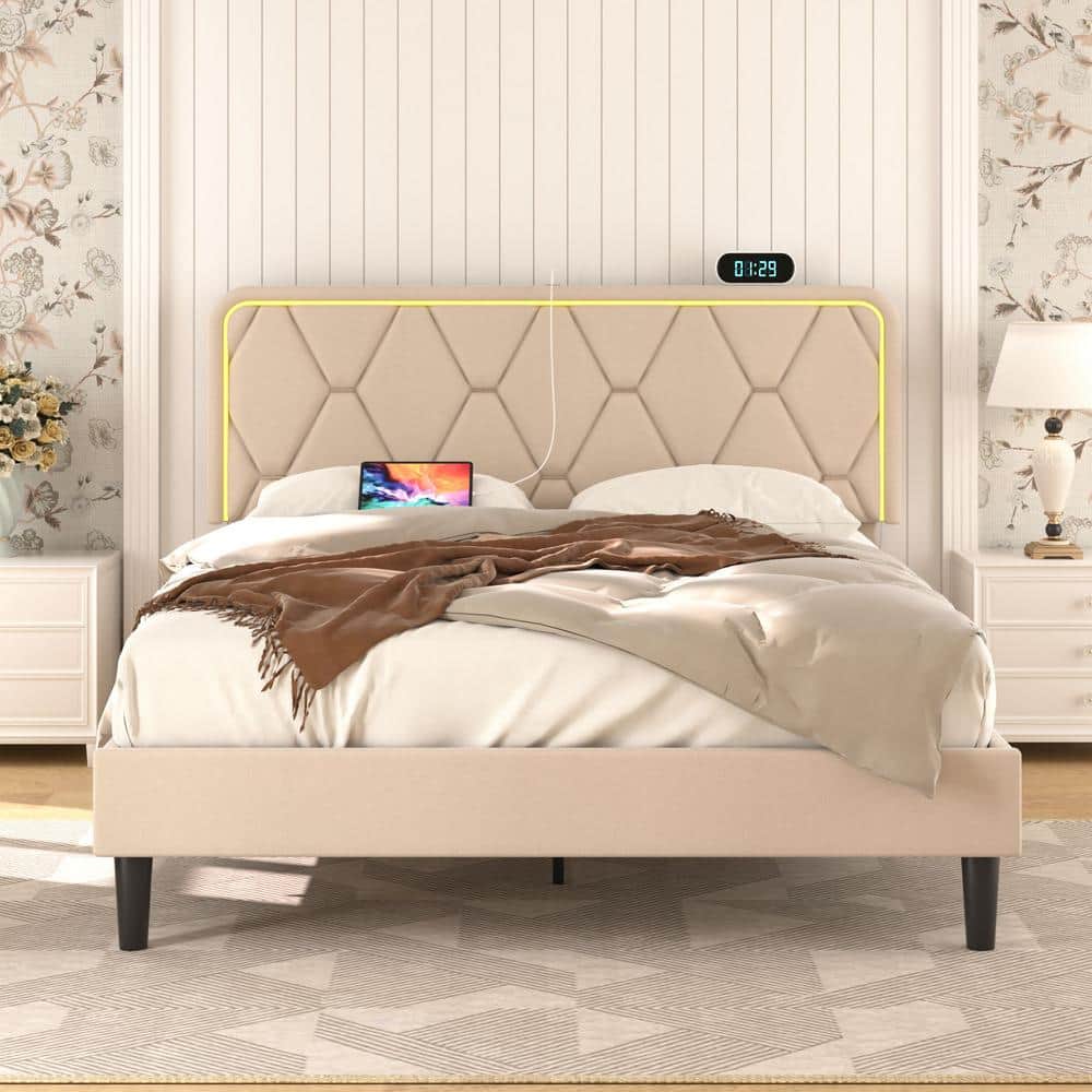 VECELO Upholstered Bed Queen Smart LED Bed Frame with
