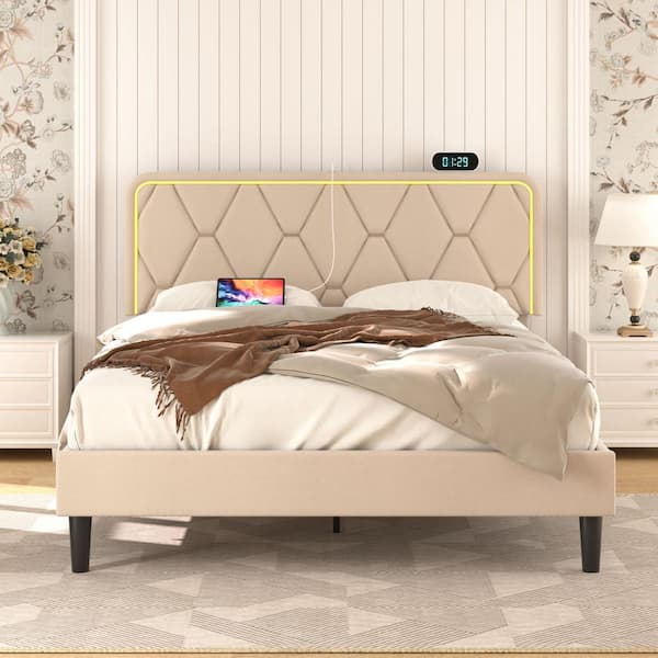 VECELO Upholstered Bed Queen Smart LED Bed Frame with Adjustable Beige Headboard, Platform Bed with Solid Wood Slats Support