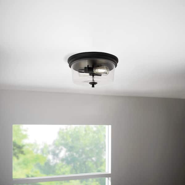 Hampton Bay Manor 13 in. Matte Black Round Flush Mount, Industrial Ceiling Light with Clear Glass Shade