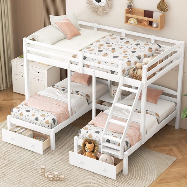 White Full over Twin Bunk Bed with Drawers