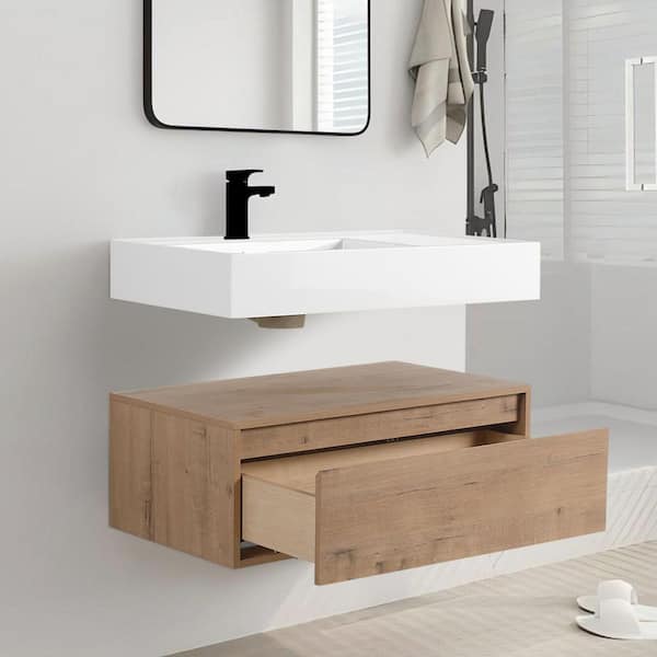 Jacques 29.5 in. W X 18.1 in. D x 15.8 in. H Floating Bath Vanity in Imitative Oak with White Resin Vanity Top