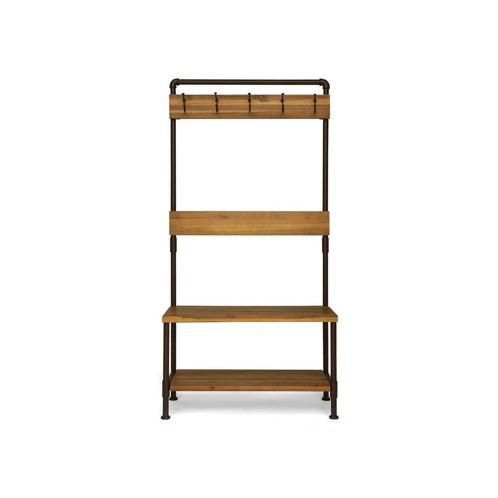 Teak and Rustic Metal Outdoor Bench with Shelf and Hooks