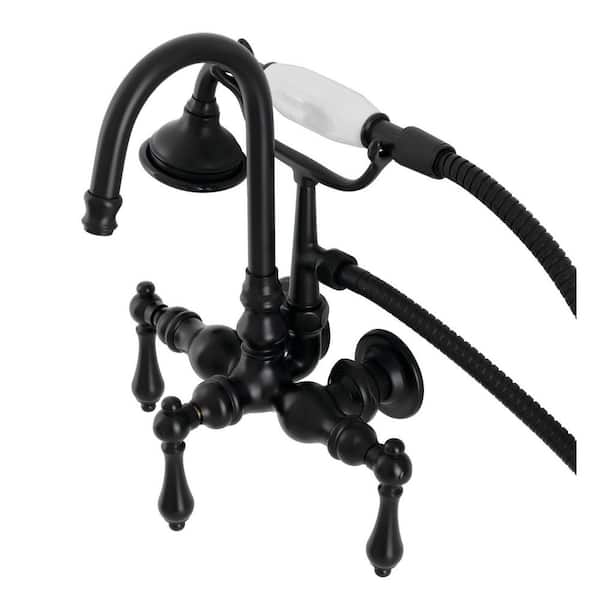Kingston Brass Aqua Vintage 3-Handle Wall-Mount Clawfoot Tub Faucets with Hand Shower in Matte Black