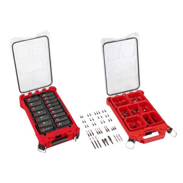 Milwaukee SHOCKWAVE Impact Duty 1/2 in. Drive Metric Deep Well PACKOUT Socket Set (16-Pc) with PACKOUT SHOCKWAVE Bit Set (90-Pc)