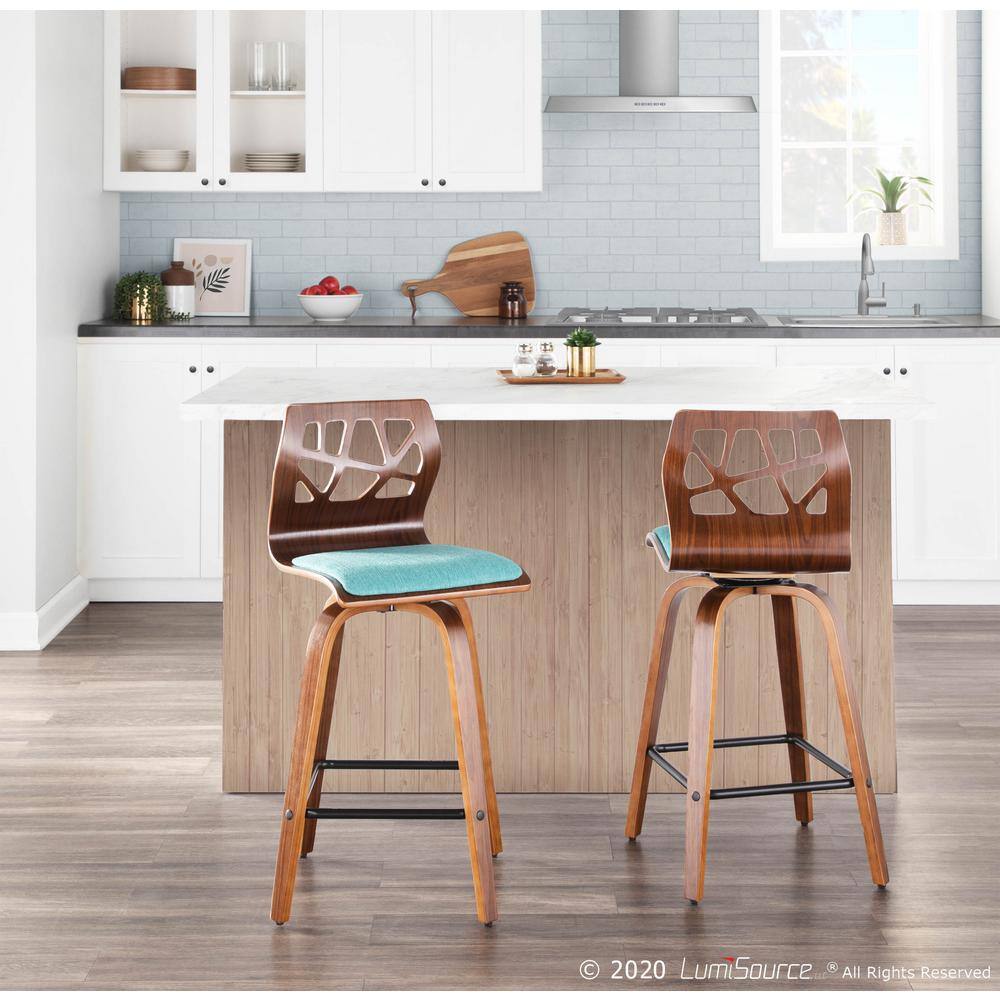 Walnut Wood Teal Fabric Mid Century Modern Swivel Counter Stool