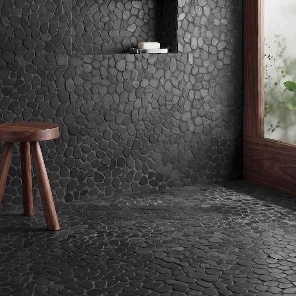 Countryside Round Black 12 in. x 12 in. Tumbled Pebble Floor and Wall Mosaic Tile (1 sq. ft. / Each)