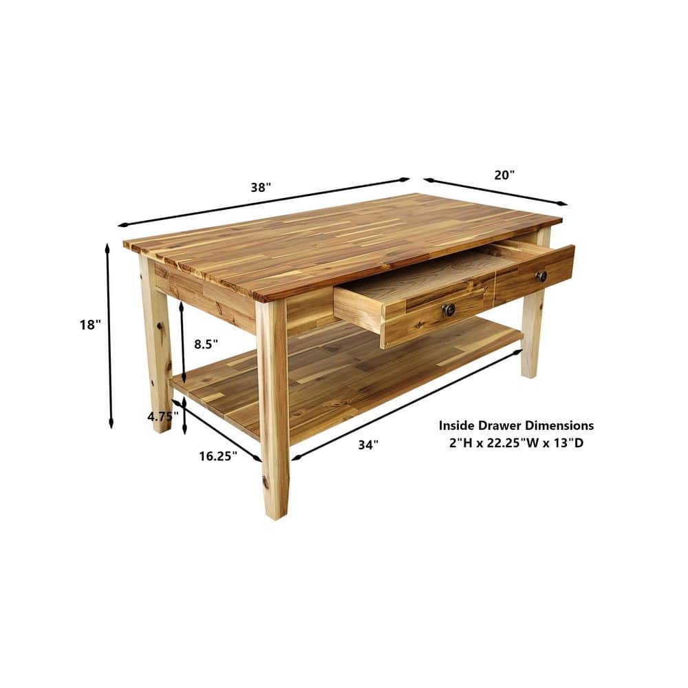 Natural Acacia Wood Rectangular Coffee Table with Drawer and Shelf