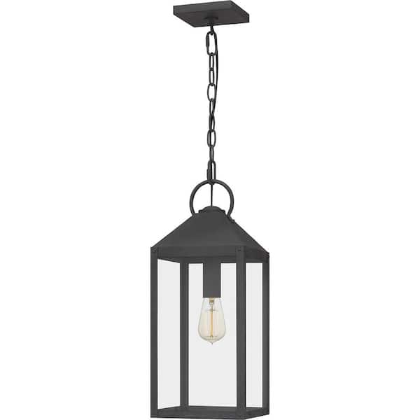 Quoizel Thorpe 8 in. 1-Light Mottled Black Outdoor Pendant-Light with Clear Tempered Glass