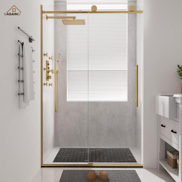 CASAINC 48 in. W x 76 in. H Sliding Frameless Shower Door in Brushed Gold Finish with Soft-Closing Clear Laminted Glass