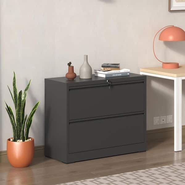 Unbranded 2-Drawer Black Metal 28.5 in. H x 35.43 in. W x 15.75 in. D Lateral File Cabinet Locked by Keys Lockable Storage Cabinet