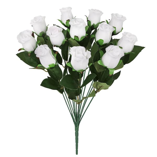 LIVING LUXURY 19.5 in. White Artificial Rose Bud Flower Stem Bush Bouquet (Set of 2)