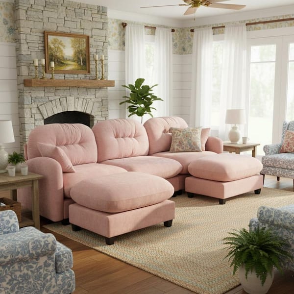 PMOB 107 in. Round Arm 5-piece Chenille Modular Tufted Backrest with 2 Ottomans Sectional Sofa in Dusty Rose