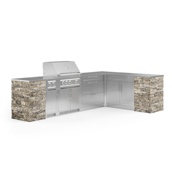 NewAge Products Signature Series Stainless Steel 11-Piece L Shape Outdoor Kitchen Cabinet Set with Natural Gas Platinum 33 in. Grill
