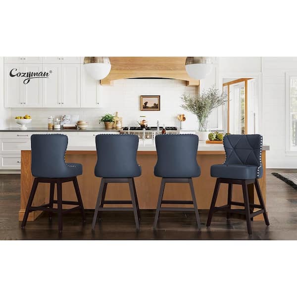 Zola 26 in. Navy Blue Wood Frame Counter Bar Stool Faux Leather Upholstered Swivel Bar Stool (Set of 4)