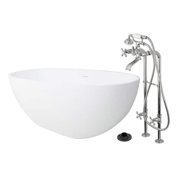 Arcticstone 64.9 in. x 31.9 in. Surface White Stone Flatbottom Soaking Freestanding Bathtub in White/Polished Chrome